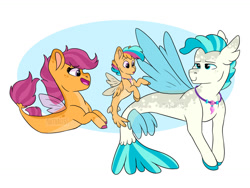 Size: 1280x964 | Tagged: safe, artist:moccabliss, imported from derpibooru, scootaloo, terramar, oc, hybrid, pegasus, pony, seapony (g4), clothes, female, fin wings, fins, fish tail, interspecies offspring, jewelry, looking at each other, male, necklace, offspring, open mouth, parent:scootaloo, parent:terramar, parents:terraloo, seaponified, seapony scootaloo, see-through, shipping, simple background, smiling, species swap, straight, tail, terraloo, wings