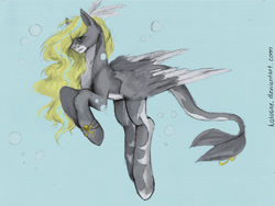 Size: 2827x2122 | Tagged: safe, artist:katoline, imported from derpibooru, oc, oc only, hybrid, merpony, pegasus, pony, bubble, fish tail, flowing mane, high res, solo, traditional art, underwater, water, wings