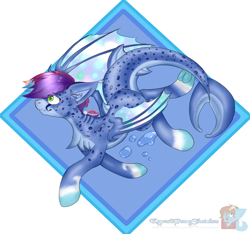 Size: 1600x1500 | Tagged: safe, artist:kozykreations, edit, imported from derpibooru, oc, oc only, original species, shark, shark pony, bubble, dorsal fin, ear fluff, fish tail, green eyes, logo, logo edit, solo, swimming, tail, wings