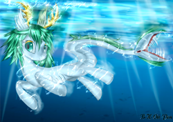 Size: 1754x1240 | Tagged: safe, artist:blackheart0001, imported from derpibooru, oc, oc only, sea pony, colored pupils, crepuscular rays, custom, electrified, fangs, fish tail, green eyes, irl, ocean, photo, smiling, solo, sunlight, swimming, tail, toy, underwater, water