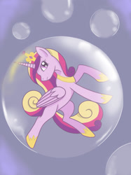 Size: 1280x1707 | Tagged: safe, artist:runningnorth, imported from derpibooru, princess cadance, alicorn, pony, bubble, crown, female, folded wings, hoof shoes, horn, in bubble, jewelry, mare, purple eyes, regalia, request, solo, wings
