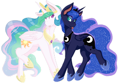 Size: 2930x2047 | Tagged: safe, artist:mscolorsplash, imported from derpibooru, princess celestia, princess luna, alicorn, pony, blue mane, colored pupils, crown, duo, duo female, ethereal mane, female, flowing mane, green eyes, high res, hoof shoes, horn, jewelry, looking at each other, mare, multicolored hair, purple eyes, regalia, royal sisters, siblings, silly, silly pony, simple background, sisters, starry mane, starry tail, tongue out, transparent background