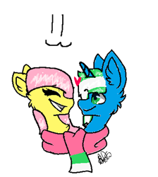 Size: 348x389 | Tagged: safe, artist:minepony yay, imported from derpibooru, fluttershy, oc, oc:igames, :3, clothes, looking at each other, scarf, shipping