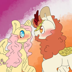 Size: 400x400 | Tagged: safe, artist:peachepastels, imported from derpibooru, autumn blaze, fluttershy, kirin, pegasus, pony, autumnshy, blushing, female, lesbian, mare, shipping