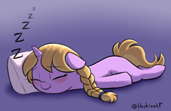 Size: 2922x1890 | Tagged: safe, artist:heretichesh, imported from derpibooru, oc, oc only, pony, unicorn, blushing, braid, colored, cute, eyes closed, female, filly, floppy ears, lying down, ocbetes, onomatopoeia, pillow, prone, simple background, sleeping, solo, sound effects, unnamed character, unnamed pony, zzz