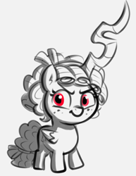 Size: 974x1262 | Tagged: safe, artist:heretichesh, imported from derpibooru, cozy glow, alicorn, changeling, alicornified, changeling horn, cozycorn, disguise, disguised changeling, evil eyes, female, filly, freckles, fusion, horn, monochrome, neo noir, partial color, race swap, red eyes, simple background, sketch, solo, white background