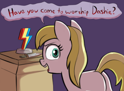 Size: 1842x1353 | Tagged: safe, artist:heretichesh, imported from derpibooru, lemon daze, oc, oc:lemon daze, earth pony, pony, the mysterious mare do well, andrea libman, butt, colored, crazy face, evil, faic, female, filly, implied rainbow dash, knife, looking at you, looking back, looking back at you, pedestal, plot, simple background, smiling, smiling at you, solo, voice actor