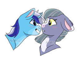 Size: 1280x1020 | Tagged: safe, artist:moccabliss, imported from derpibooru, limestone pie, minuette, earth pony, pony, unicorn, blushing, bust, crack shipping, female, floppy ears, heart eyes, lesbian, personal space invasion, shipping, simple background, watermark, white background, wingding eyes