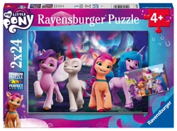 Size: 1622x1200 | Tagged: safe, imported from derpibooru, izzy moonbow, pipp petals, sunny starscout, zipp storm, earth pony, pegasus, pony, unicorn, g5, my little pony logo, my little pony: a new adventure, official, puzzle, puzzle box, ravensburger