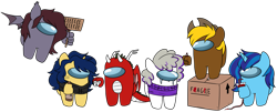 Size: 4771x1935 | Tagged: safe, imported from ponybooru, oc, oc only, oc:acres, oc:boysenberry, oc:dragonfire(havock), oc:flash reboot, oc:sapphire soulfire, oc:sweetnight, bat pony, dracony, dragon, earth pony, hybrid, pony, unicorn, alcohol, among us, beer bottle, blood bag, box, clothes, crying, fidget cube, hoodie, marker, sign, simple background, sweater, transparent background, vulgar