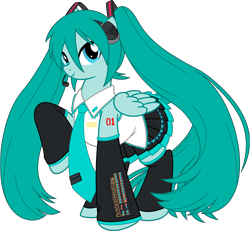 Size: 6500x6000 | Tagged: safe, artist:pink1ejack, imported from derpibooru, pegasus, pony, absurd resolution, anime, clothes, crossover, female, hatsune miku, headphones, headset, hilarious in hindsight, hooves up, japanese, mare, miniskirt, necktie, pigtails, pleated skirt, ponified, raised hoof, simple background, skirt, smiling, solo, transparent background, twintails, vector, vector trace, vocaloid