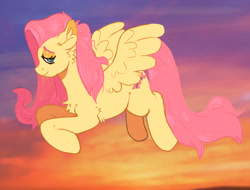 Size: 2332x1773 | Tagged: safe, artist:kittycoot, edit, editor:hotkinkajou, fluttershy, pegasus, pony, female, fixed, flying, mare, solo, sunset, unofficial edits thread