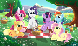 Size: 1095x657 | Tagged: safe, artist:julie25609, edit, applejack, fluttershy, pinkie pie, rainbow dash, rarity, twilight sparkle, earth pony, pegasus, pony, rabbit, unicorn, 2021, animal, basket, bunny ears, easter, easter egg, female, flower, holiday, mane six, mare, picnic, picnic blanket, tree, unofficial edits thread