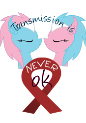 Size: 526x753 | Tagged: safe, artist:lionsca, edit, aloe, lotus blossom, earth pony, pony, aids, awareness, bust, duo, duo female, eyes closed, female, hiv, mare, mouthpiece, old banner, portrait, simple background, spa twins, std, text, text edit, transparent background, unofficial edits thread
