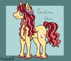 Size: 1750x1500 | Tagged: safe, artist:misskanabelle, imported from derpibooru, oc, oc:carolina chai, earth pony, pony, abstract background, chest fluff, ear fluff, earth pony oc, female, flower, flower in hair, mare, offspring, parent:big macintosh, parent:fluttershy, parents:fluttermac, signature, smiling, solo, unshorn fetlocks