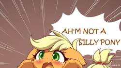 Size: 3200x1800 | Tagged: safe, artist:symbianl, edit, imported from derpibooru, part of a set, applejack, earth pony, pony, adorable distress, angry dog noises, blatant lies, cheek fluff, crying, cute, dialogue, ear fluff, female, floppy ears, fluffy, funetik aksent, hatless, jackabetes, leg fluff, mare, meme, missing accessory, open mouth, silly, silly pony, solo, speech bubble, teary eyes, who's a silly pony