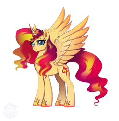 Size: 3798x3863 | Tagged: safe, artist:confetticakez, imported from derpibooru, sunset shimmer, alicorn, pony, equestria girls, alicornified, clothes, crown, female, high res, jewelry, looking at you, mare, race swap, regalia, shimmercorn, shoes, smiling, solo, spread wings, wings