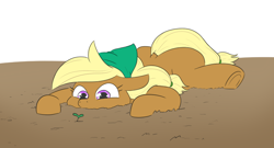 Size: 894x482 | Tagged: safe, artist:jargon scott, imported from derpibooru, oc, oc only, oc:tater trot, earth pony, pony, female, lying down, mare, on stomach, prone, solo, sprout, underhoof