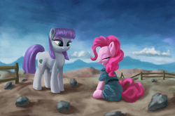 Size: 3000x1979 | Tagged: safe, artist:flusanix, imported from derpibooru, maud pie, pinkie pie, earth pony, pony, clothes, clothes swap, dress, duo, eyes closed, female, grin, high res, mare, rock farm, siblings, sisters, sitting, smiling, when she smiles