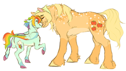 Size: 1160x658 | Tagged: safe, artist:halfcrazydaisy, edit, imported from derpibooru, applejack, rainbow dash, earth pony, pegasus, pony, alternate design, appledash, body freckles, coat markings, colored hooves, colored wings, cropped, eyes closed, female, floppy ears, fluffy, freckles, kerchief, lesbian, mare, multicolored wings, nuzzling, pale belly, profile, rainbow wings, raised hoof, shipping, short hair, side view, simple background, size difference, smiling, smoldash, spots, standing, unshorn fetlocks, white background, wings