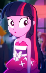 Size: 1920x3013 | Tagged: safe, imported from derpibooru, screencap, twilight sparkle, eqg summertime shorts, equestria girls, raise this roof, :o, background human, bare shoulders, clothes, cropped, cute, dress, fall formal outfits, female, hairpin, high res, open mouth, sleeveless, solo, strapless, twiabetes, twilight ball dress