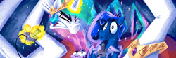 Size: 1600x533 | Tagged: safe, artist:2snacks, imported from derpibooru, princess celestia, princess luna, twilight sparkle, alicorn, pony, angry, crown, female, glowing horn, horn, jewelry, long neck, princess necklestia, regalia, royal sisters, siblings, sisters