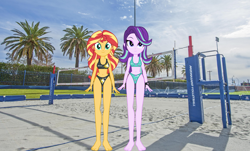 Size: 3060x1850 | Tagged: safe, anonymous artist, imported from derpibooru, starlight glimmer, sunset shimmer, equestria girls, barefoot, beach volleyball, belly button, bikini, breasts, clothes, cutie mark, cutie mark on clothes, cutie mark swimsuit, feet, female, sports, swimsuit, volleyball, volleyball net