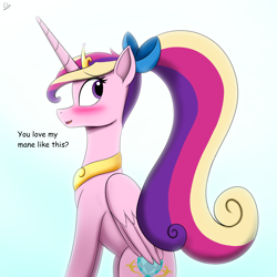 Size: 2700x2700 | Tagged: safe, artist:egstudios93, imported from derpibooru, princess cadance, alicorn, pony, alternate hairstyle, blushing, cute, cutedance, female, high res, mare, ponytail, simple background, sitting, solo