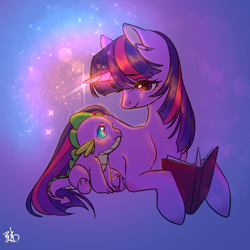 Size: 1024x1024 | Tagged: artist needed, source needed, safe, artist:夏米, imported from derpibooru, spike, twilight sparkle, dragon, unicorn, baby, baby dragon, book, cute, duo, female, glowing horn, horn, male, mare, spikabetes, twiabetes, unicorn twilight, younger