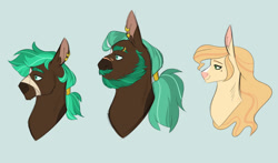 Size: 1280x754 | Tagged: safe, artist:echabi, artist:joburii, imported from derpibooru, oc, oc only, oc:cherry chelan, oc:elm briar, pony, blue background, bust, female, male, mare, offspring, parent:cherry jubilee, parent:mud briar, parent:sheriff silverstar, parent:tree hugger, portrait, simple background, stallion