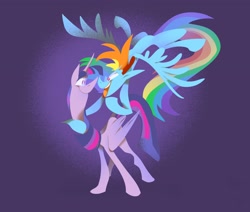 Size: 2048x1740 | Tagged: safe, artist:brdte, artist:ebonol1, imported from derpibooru, rainbow dash, twilight sparkle, alicorn, pegasus, pony, big tail, cartoony, female, flying, folded wings, gesture, hoof around neck, impossibly long neck, leaning forward, looking at each other, mare, open mouth, smiling, spread wings, standing, stylized, twilight sparkle (alicorn), wings