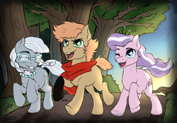 Size: 1870x1300 | Tagged: safe, artist:not-ordinary-pony, imported from derpibooru, diamond tiara, silver spoon, oc, oc:himmel, clothes, colt, female, filly, foal, forest, forest background, gloves, male, running, scarf