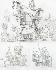 Size: 974x1231 | Tagged: safe, artist:davedunnet, imported from derpibooru, the art of equestria, building, concept art, monochrome, official, official art, pencil drawing, ponyville, sketch, traditional art