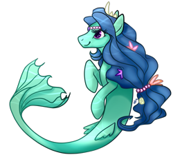 Size: 2179x2100 | Tagged: safe, artist:twighat, imported from derpibooru, oc, oc only, merpony, seapony (g4), blue mane, dorsal fin, female, fins, fish tail, flowing mane, high res, jewelry, necklace, pearl necklace, purple eyes, simple background, smiling, solo, tail, transparent background