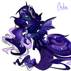 Size: 768x768 | Tagged: safe, artist:advitee-chan, imported from derpibooru, nightmare moon, princess luna, alicorn, bat pony, bat pony alicorn, hybrid, merpony, pony, seapony (g4), bat wings, crown, ethereal mane, female, fish tail, flowing mane, horn, jewelry, looking up, nightmare luna, race swap, regalia, seaponified, seapony luna, signature, simple background, solo, species swap, spread wings, starry mane, tail, transparent background, wings