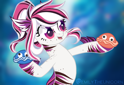 Size: 1082x739 | Tagged: safe, artist:x-emilytheunicorn-x, imported from derpibooru, shelldon, shelly, oc, oc only, seapony (g4), dorsal fin, female, fins, multicolored hair, ocean, open mouth, purple eyes, seashell, smiling, solo, underwater, water