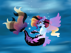 Size: 2000x1500 | Tagged: safe, artist:elena-naqua, imported from derpibooru, oc, oc only, seapony (g4), auction, bubble, clothes, colored pupils, dorsal fin, female, fin wings, fins, fish tail, flowing mane, flowing tail, jewelry, necklace, ocean, pearl necklace, see-through, smiling, solo, spread wings, tail, underwater, water, wings
