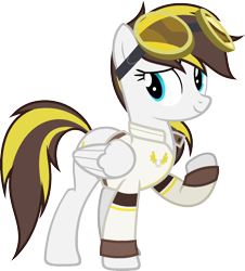 Size: 1327x1470 | Tagged: safe, artist:pegasski, imported from derpibooru, oc, oc only, oc:ruffian, pegasus, pony, clothes, female, goggles, mare, raised hoof, shirt, simple background, solo, transparent background
