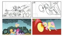 Size: 1014x574 | Tagged: safe, imported from derpibooru, screencap, applejack, basil, fluttershy, pinkie pie, rainbow dash, rarity, twilight sparkle, dragon, earth pony, pegasus, unicorn, dragonshy, season 1, the art of equestria, angry, behind the scenes, comparison, storyboard, unicorn twilight