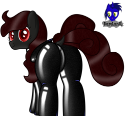 Size: 4154x3840 | Tagged: safe, alternate version, artist:damlanil, imported from derpibooru, oc, oc:nightshade, pegasus, pony, butt, catsuit, clothes, commission, dock, female, latex, latex suit, looking at you, mare, plot, rubber, shiny, shiny mane, show accurate, suit, vector, wings