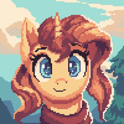 Size: 2000x2000 | Tagged: safe, artist:vanillaghosties, imported from derpibooru, sunset shimmer, pony, unicorn, equestria girls, bust, clothes, colored pupils, cute, high res, looking at you, pixel art, portrait, scarf, shimmerbetes, smiling, solo, tree