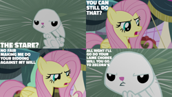 Size: 1280x720 | Tagged: safe, edit, edited screencap, editor:quoterific, imported from derpibooru, screencap, angel bunny, fluttershy, pegasus, pony, rabbit, season 9, she talks to angel, spoiler:s09, animal, body swap, duo, female, floppy ears, male, mare, open mouth, stallion