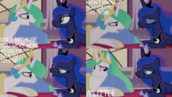 Size: 1280x720 | Tagged: safe, edit, edited screencap, editor:quoterific, imported from derpibooru, screencap, princess celestia, princess luna, alicorn, pony, a royal problem, season 7, crown, duo, duo female, eyes closed, female, jewelry, mare, open mouth, regalia, siblings, sisters, smiling