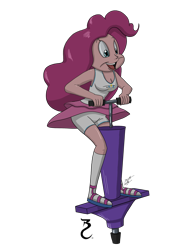 Size: 2153x2786 | Tagged: safe, artist:artfreak5, imported from derpibooru, pinkie pie, equestria girls, breasts, cleavage, clothes, commission, female, happy, high res, open mouth, pogo stick, shorts, shorts under skirt, skirt, smiling, solo, upskirt