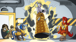 Size: 2560x1440 | Tagged: safe, artist:mysticalpha, imported from derpibooru, derpy hooves, doctor whooves, time turner, oc, oc:captain sunride, oc:cloud zapper, earth pony, pegasus, pony, armor, crossover, dalek, doctor who, doctorderpy, female, male, mare, pegasus oc, royal guard, royal guard armor, royal guard oc, shipping, stallion, straight, the doctor, wings
