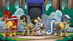 Size: 2560x1440 | Tagged: safe, artist:mysticalpha, imported from derpibooru, derpy hooves, doctor whooves, time turner, oc, oc:captain sunride, oc:cloud zapper, earth pony, pegasus, pony, armor, crossover, doctor who, doctorderpy, female, forest, male, mare, pegasus oc, royal guard, royal guard armor, royal guard oc, shipping, stallion, straight, tardis, the doctor, tree, wings