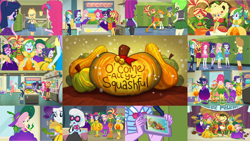 Size: 1280x721 | Tagged: safe, edit, edited screencap, editor:quoterific, imported from derpibooru, screencap, applejack, cherry crash, fluttershy, microchips, mystery mint, photo finish, pinkie pie, rainbow dash, rarity, sci-twi, scribble dee, sunset shimmer, twilight sparkle, equestria girls, equestria girls series, holidays unwrapped, spoiler:eqg series (season 2), bracelet, cellphone, clothes, cornucopia, cornucopia costumes, cutie mark, cutie mark on clothes, geode of empathy, geode of fauna, geode of shielding, geode of sugar bombs, geode of super speed, geode of super strength, geode of telekinesis, humane five, humane seven, humane six, inflatable dress, jewelry, lockers, magical geodes, necklace, o come all ye squashful, open mouth, phone, rarity peplum dress