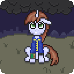 Size: 384x384 | Tagged: safe, artist:nitobit, imported from derpibooru, oc, oc:littlepip, pony, unicorn, fallout equestria, clothes, cloud, dark clouds, jumpsuit, pipbuck, pixel art, vault suit, wasteland