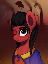 Size: 2400x3200 | Tagged: safe, artist:stravy_vox, artist:stravyvox, imported from derpibooru, oc, oc:red eye, cyborg, earth pony, pony, fallout equestria, cybernetic eyes, factory, high res, pinkie pie balloons, smoke