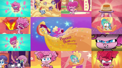 Size: 1978x1113 | Tagged: safe, edit, edited screencap, editor:quoterific, imported from derpibooru, screencap, applejack, fluttershy, pinkie pie, princess celestia, rainbow dash, rarity, twilight sparkle, alicorn, earth pony, pegasus, pony, unicorn, my little pony: pony life, princess probz, spoiler:pony life s01e01, bipedal, broken, cake, collage, female, fire, flan, food, g4.5, makeup, mane six, mare, pony life, potion, pudding, shattered, solo, title card, twibreaking, twilight sparkle (alicorn)